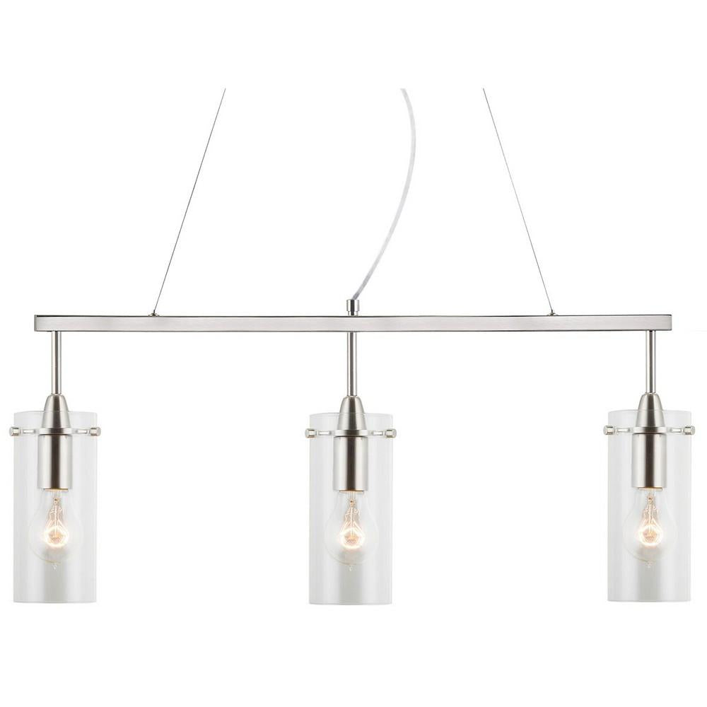 Effimero Three-Light Hanging Island Pendant Linear Light Fixture, Brushed Nickel with Small Clear Glass Cylinder