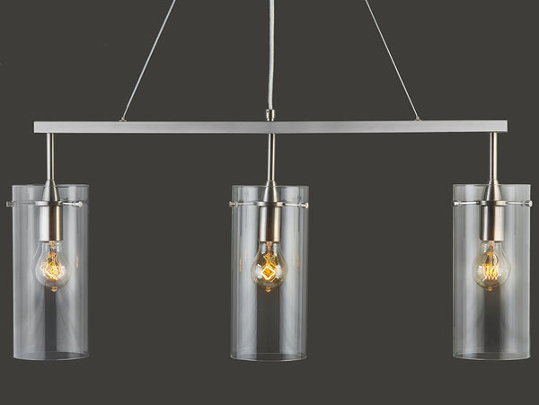 Effimero Three-Light Hanging Island Pendant Linear Light Fixture, Brushed Nickel with Large Clear Glass Cylinder Shades