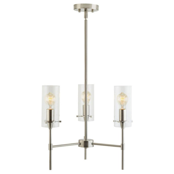 Effimero Three-Light Stem Hung Chandelier, Brushed Nickel with Clear Glass Cylinders